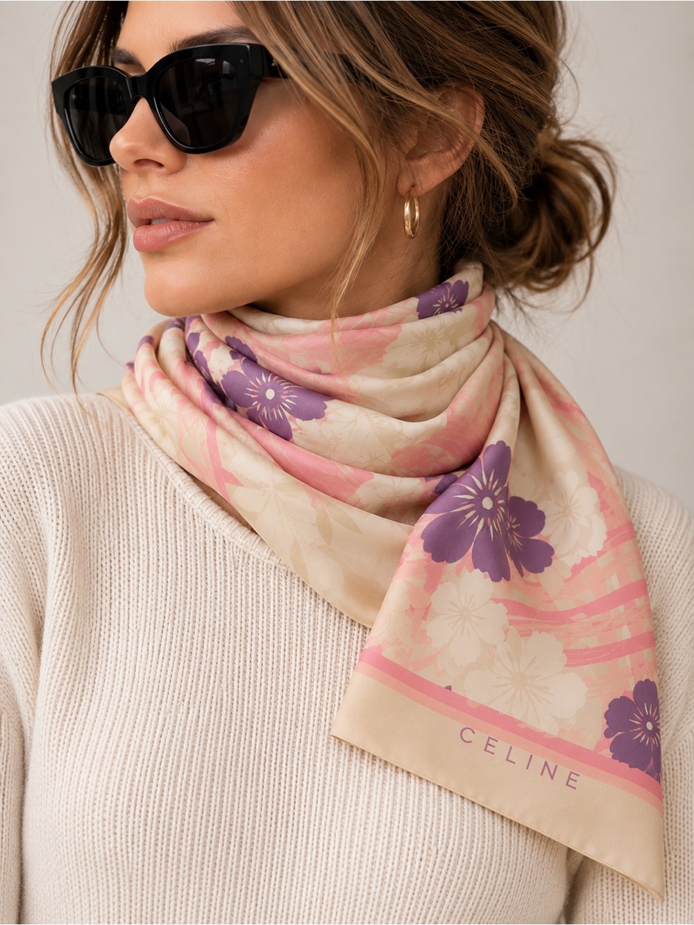 Celine Vintage Floral 100% Silk Scarf Beige Pink Purple NWT